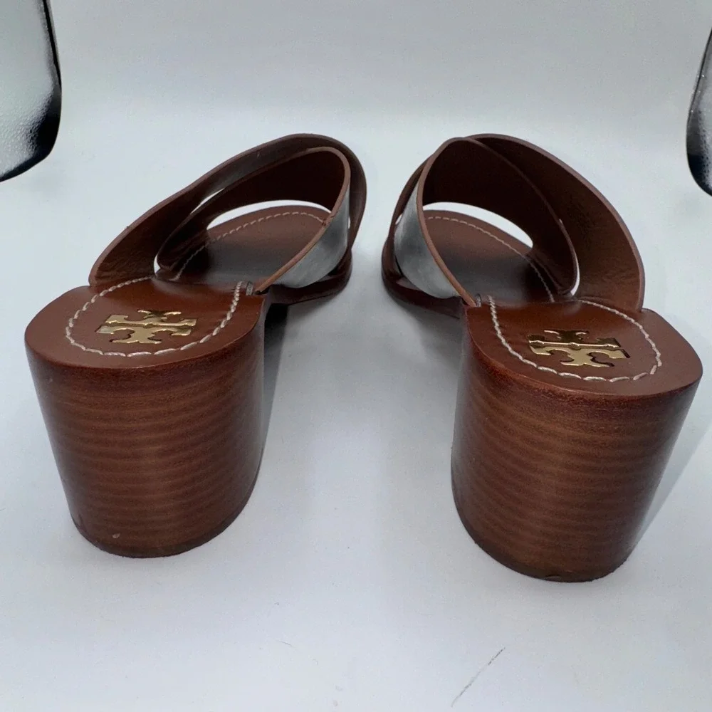 Tory Burch Heels Silver‎ Metallic Montrose Stacked Block Heel Slide Sandals 9.5